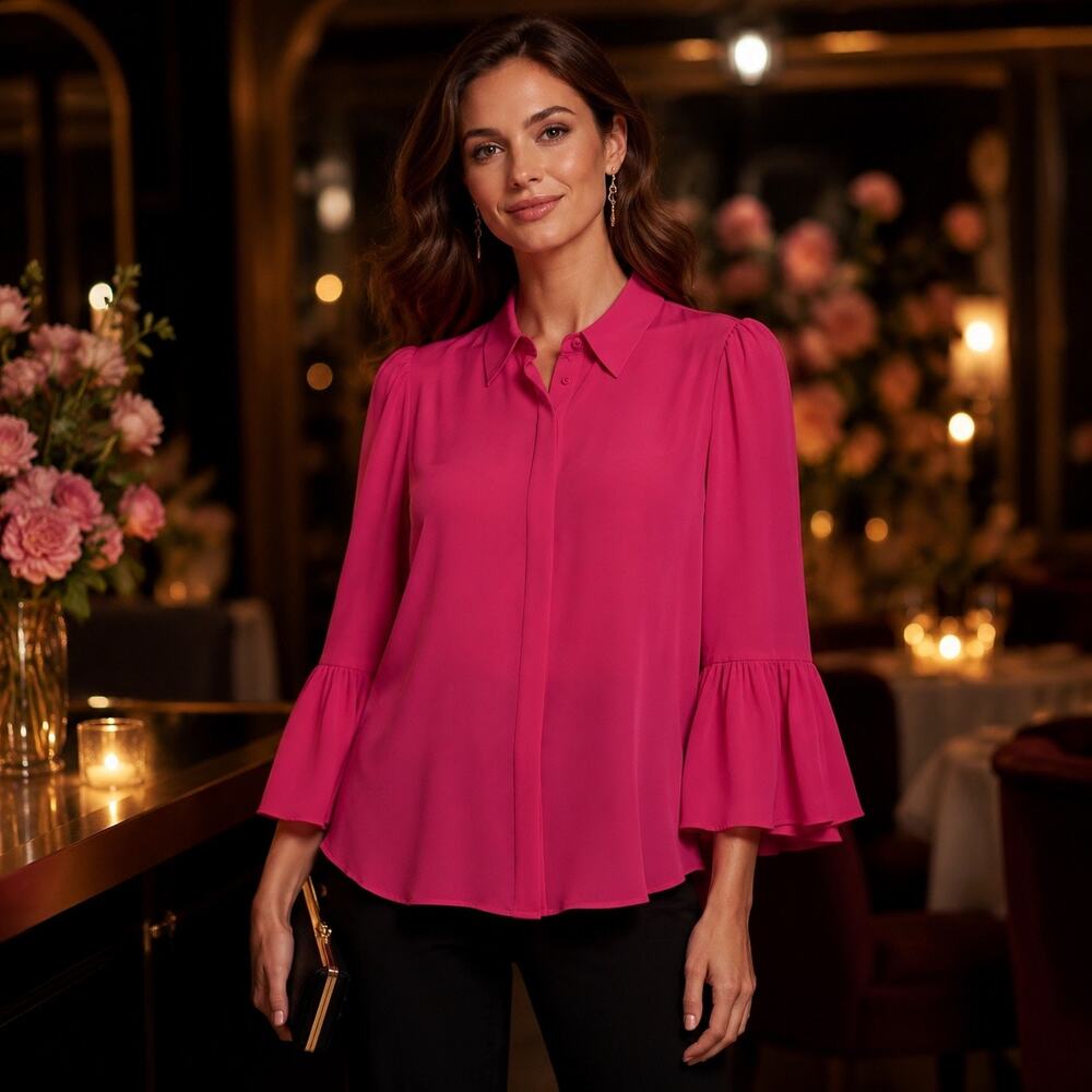 Romantic Party Luxe Bell Sleeve 100% Silk Blouse Alice + Olivia Raspberry Pink S